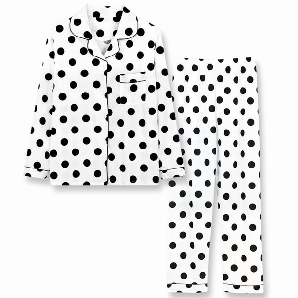 Pijamas bonitos de algodón para mujer, camisetas de manga larga y pantalones con bolsillos, ropa informal de estar por casa con lunares.