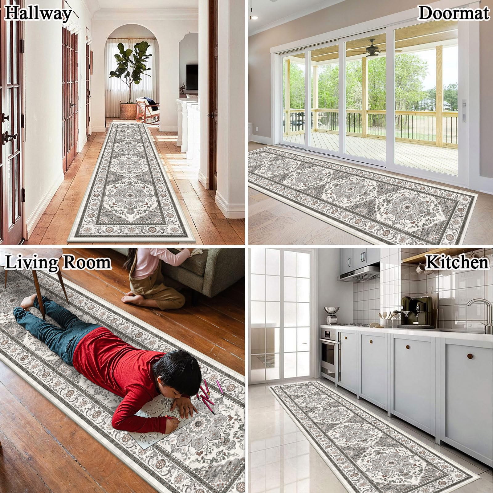 Findosom 2'x10' Runner Rugs for Hallway Machine Washable Runners Rug,Vintage Runner Rug Non Slip Kitchen Runner Rug Medallion Carpet Runner for Bedroom Laundry Entrance,Gray