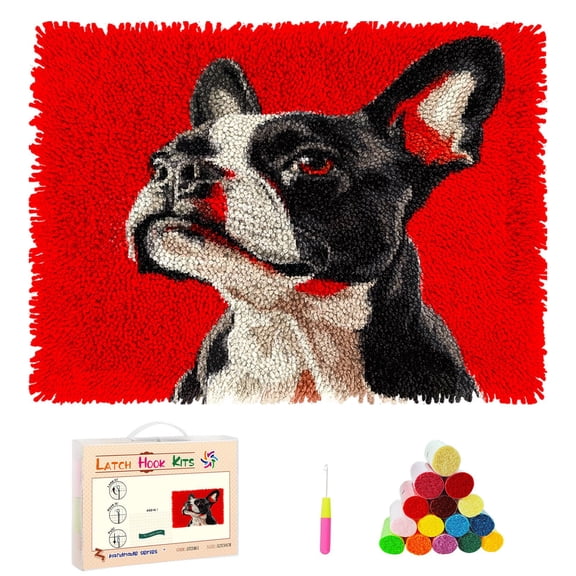 DIY Latch Hook Rug Kits Boston Terrier Dog Stamped Non-slip Mat Crochet Yarn Hook and Latch Emboridery Tapestry for Home Floor Decor and Pet Warm Cushion 52x38cm(3)