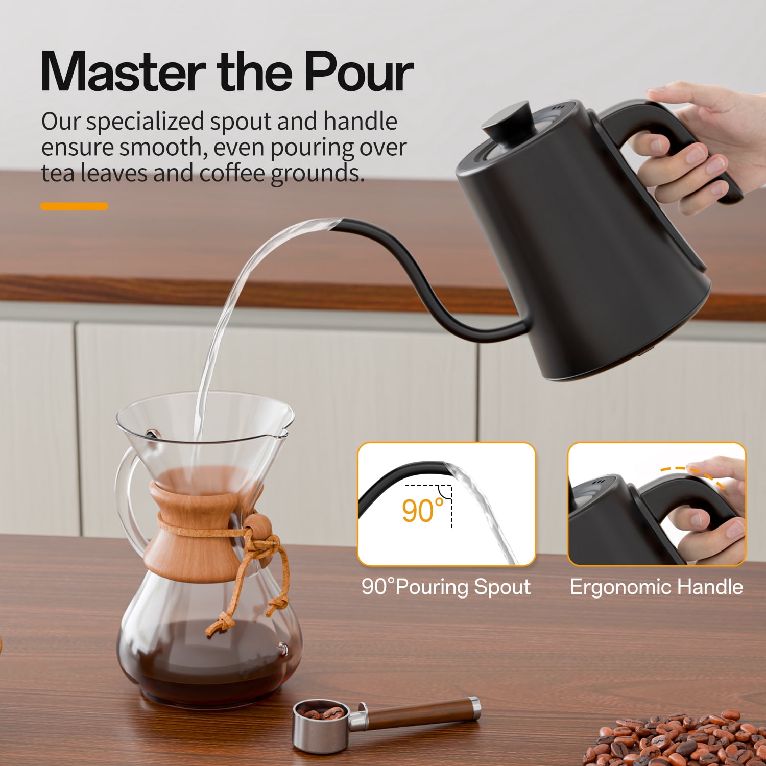 TINANA Gooseneck Electric Kettle, 5 Preset Temp Control, ±1℉ Precision, 1.0L Pour Over Kettle for Coffee & Tea, Stainless Steel Interior, 1200W, Black