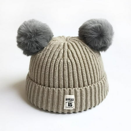 

Infant Toddler Woolen Hat Pure Color Winter Twist Double Pom Pom Knitted Beanies Cap 0-3Y