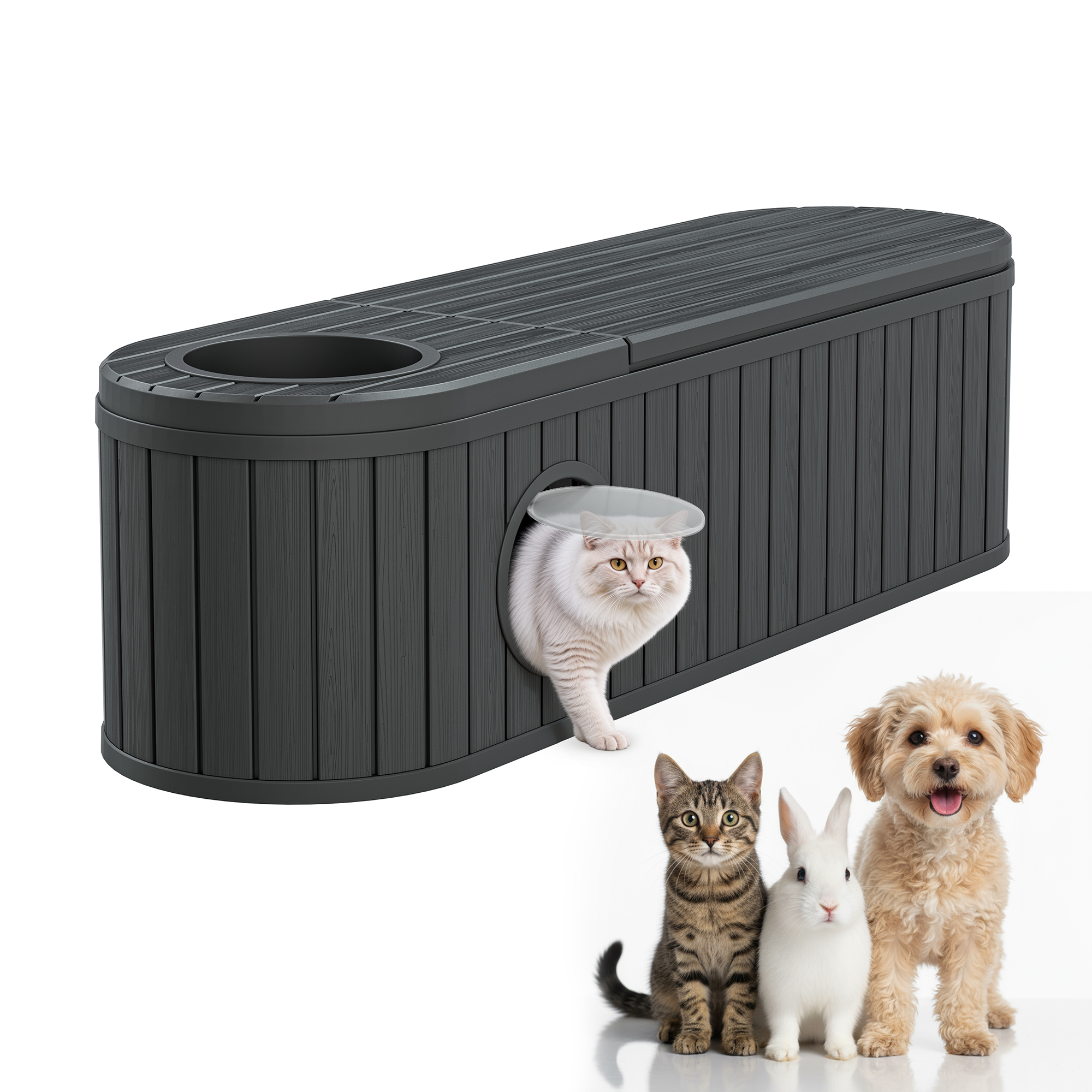LHBcraft Cat Litter Box Enclosure,HDPE Cat Cabinet with Round Lift-Up Door,Hidden Cat Litter Box Furniture for Bedroom and Living Room,Black