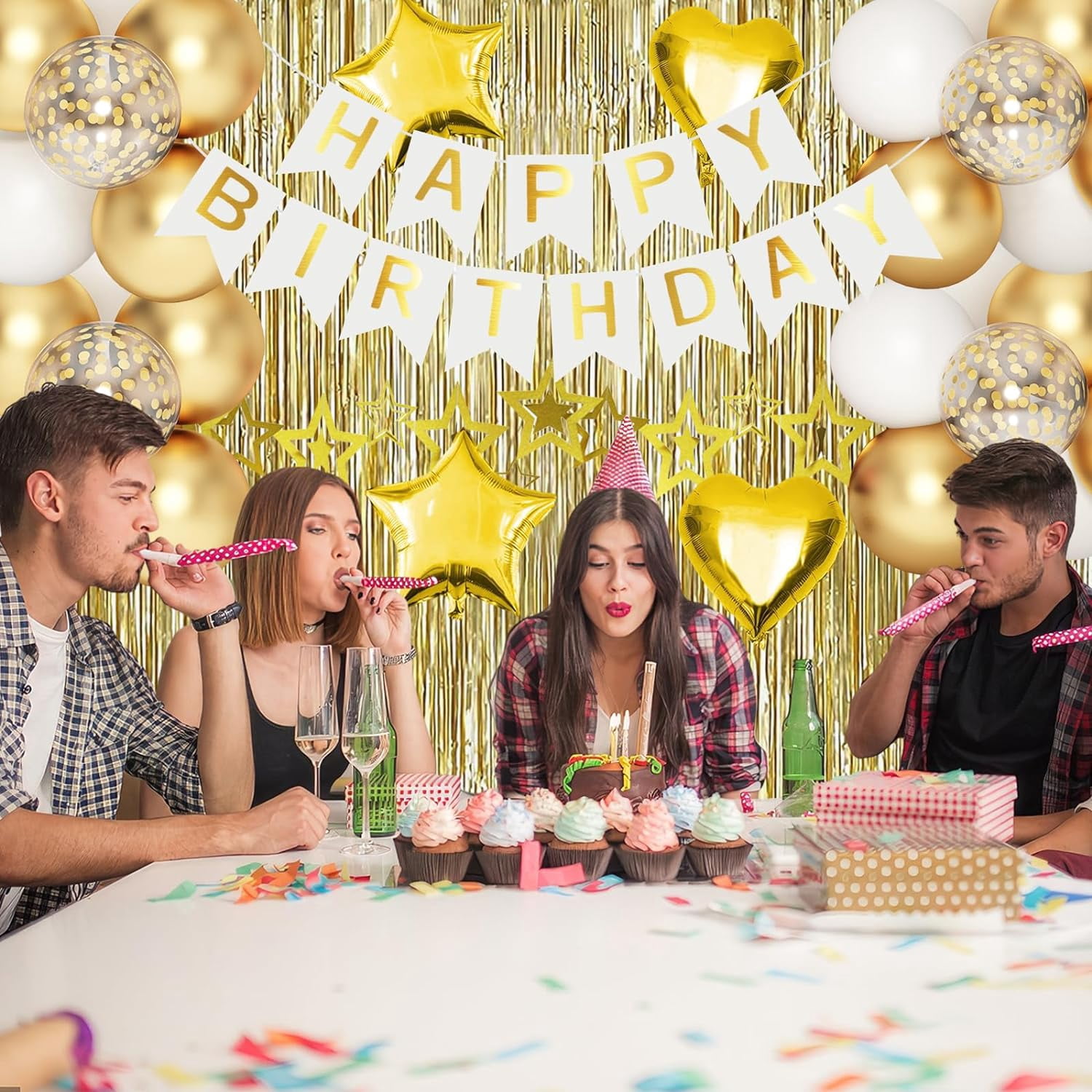 Gold, White & Green Birthday Party Decorations Set - Balloons, Banner, Fringe Curtain For Kids & Adults