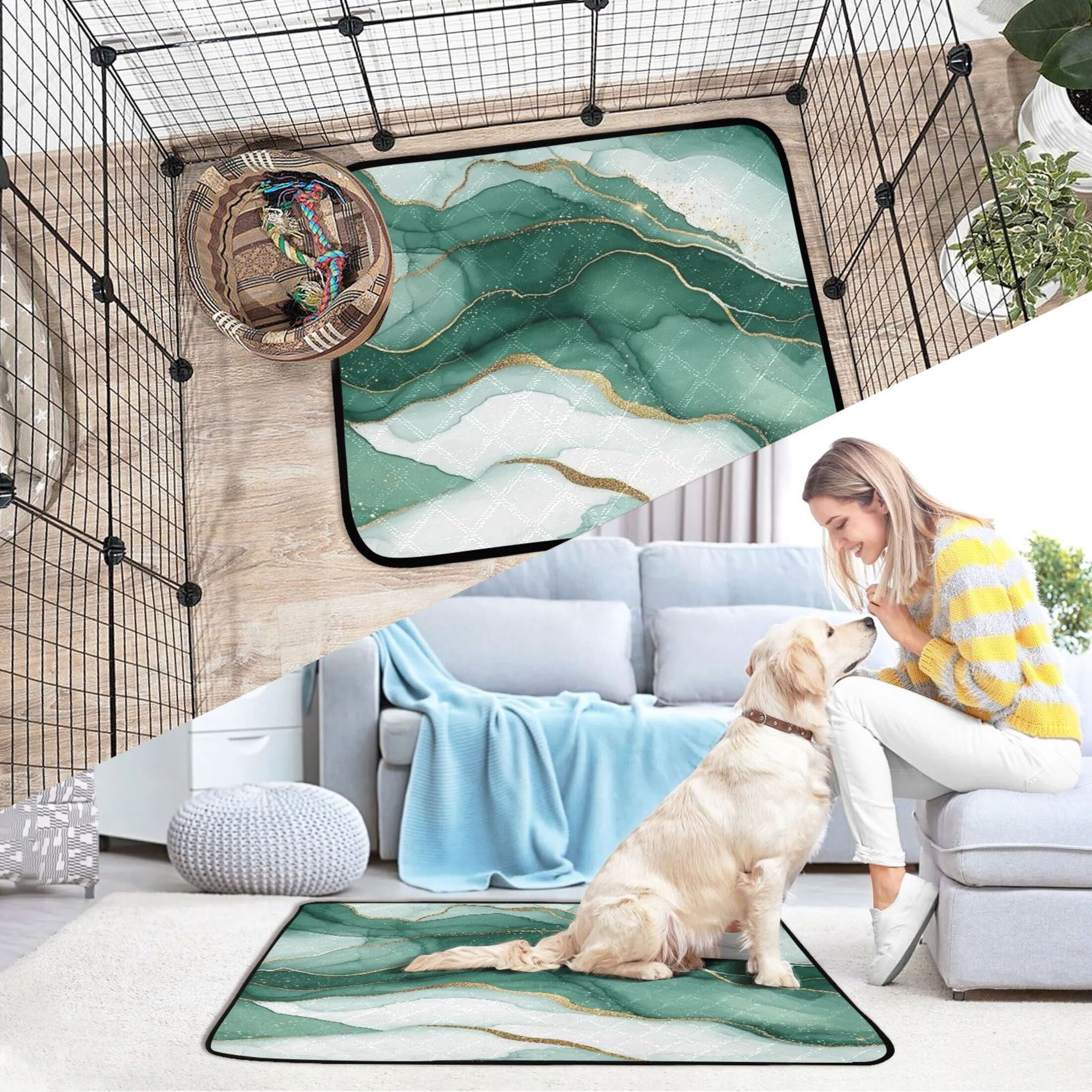 Qxltty Gilt Green Texture Cat litter Pads Pet Set of 3 Diaper Mats Center Anti-leakage Layer Absorbent Soft and Comfortable