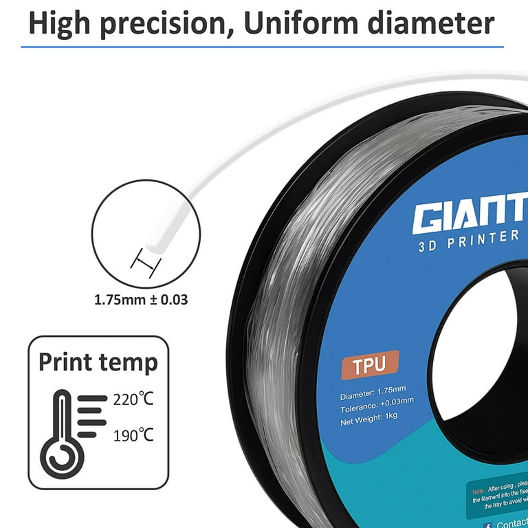 GIANTARM TPU Filament 1.75mm Flexible Soft 3D Printer Consumables White,95A  1kg Spool (2.2 lbs.), Dimensional Accuracy +/- 0.05 mm
