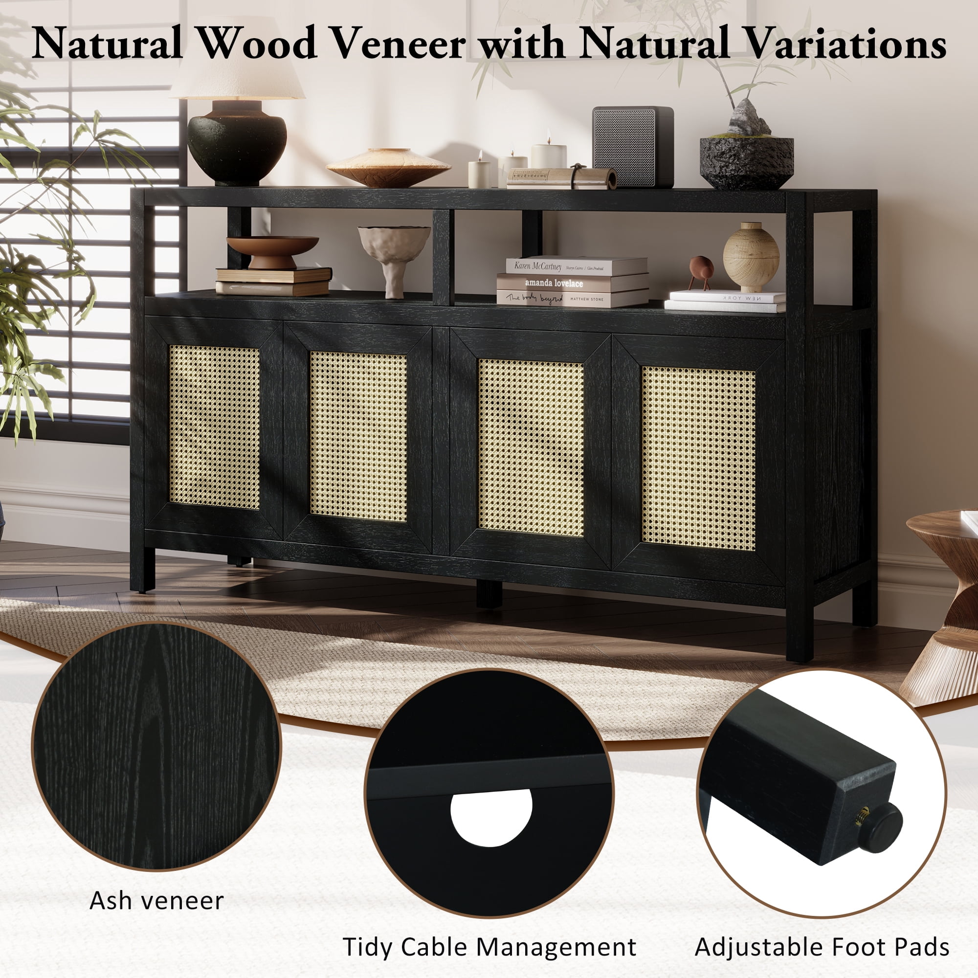 EUROCO 60" Sideboard Buffet Cabinet with Storage,Rattan Coffee Bar Station Table with Adjustable Shelves and 4 Doors for Living Room,Entryway,Black