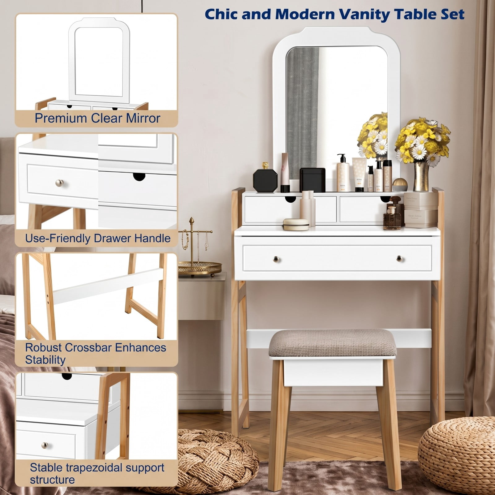 Furnibear Vanity Table Set with Large Mirror and Cushioned Stool, Makeup Dressing Table with 3 Drawers and 2-Tier Tabletop, White