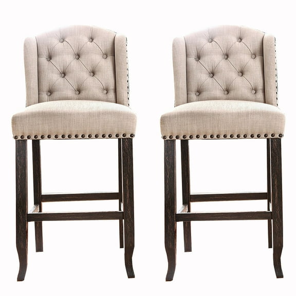 Button Tufted Fabric Upholstered Wooden Bar Chair Beige and Black Set of Two