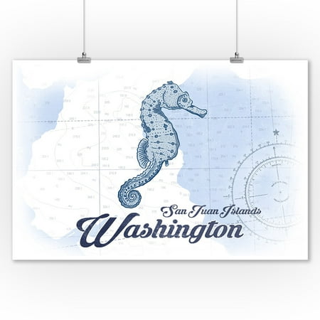 San Juan Islands, Washington - Seahorse - Blue - Coastal Icon - Lantern Press Artwork (9x12 Art Print, Wall Decor Travel
