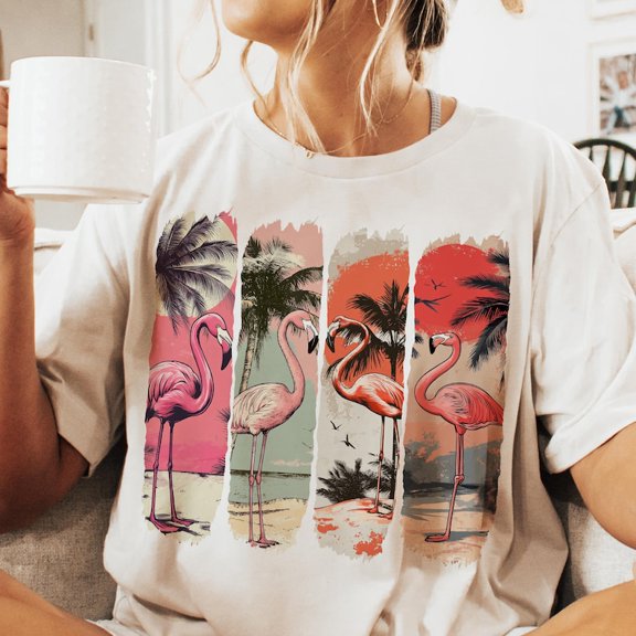 Pink Flamingo Summer T-Shirt, Funny Girly Beach Tee, Vintage Summer Vibes Shirt, Cute Retro Flamingo Graphic Tee for Women