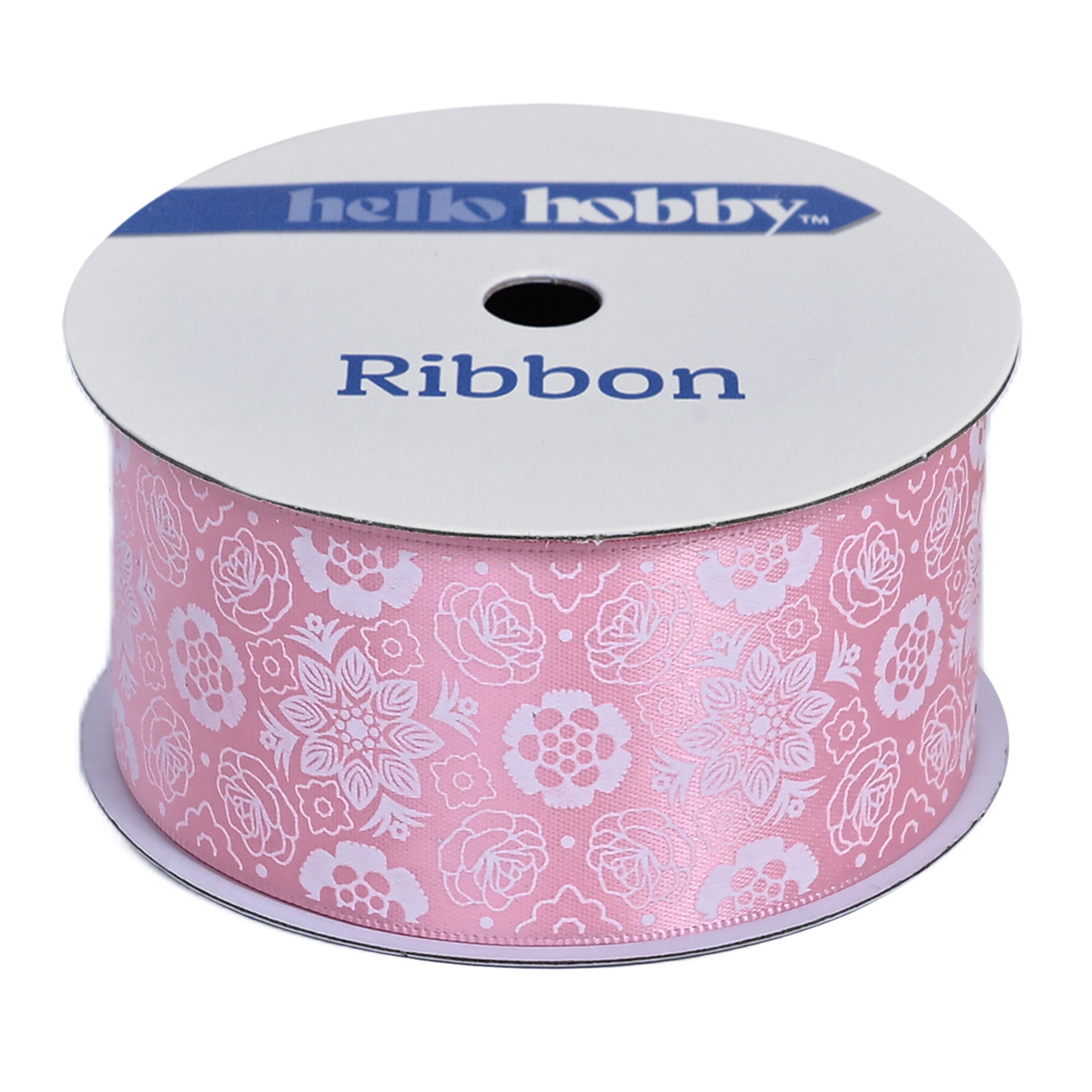 Hello Hobby 1.5" White Florals on Pink Satin Ribbon, 3 Yards