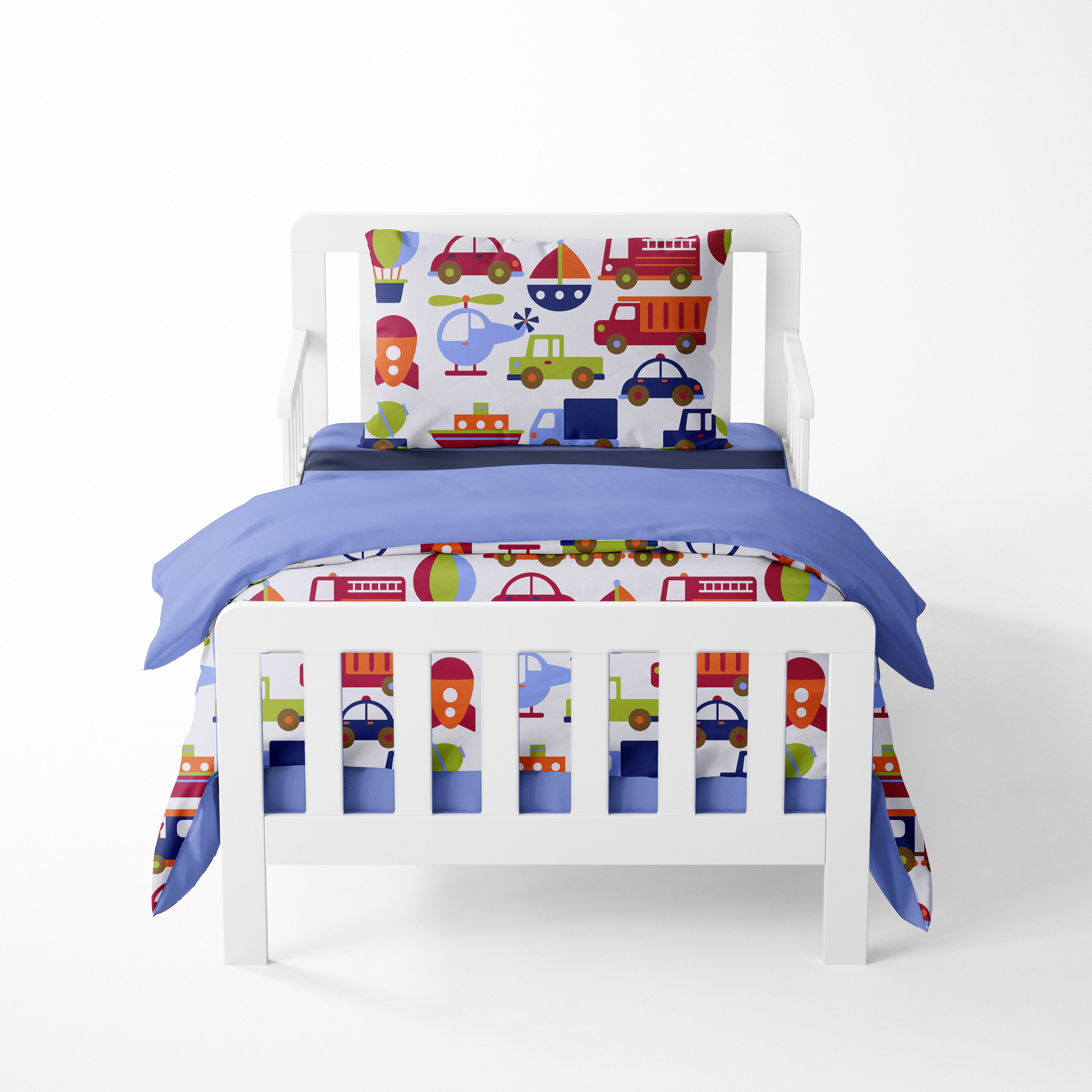 Bacati - Boys 4 pc Toddler Bedding/3 pc Sheet Set 100% Cotton Percale, Transportation Blue/Navy/Orange/Red/Green