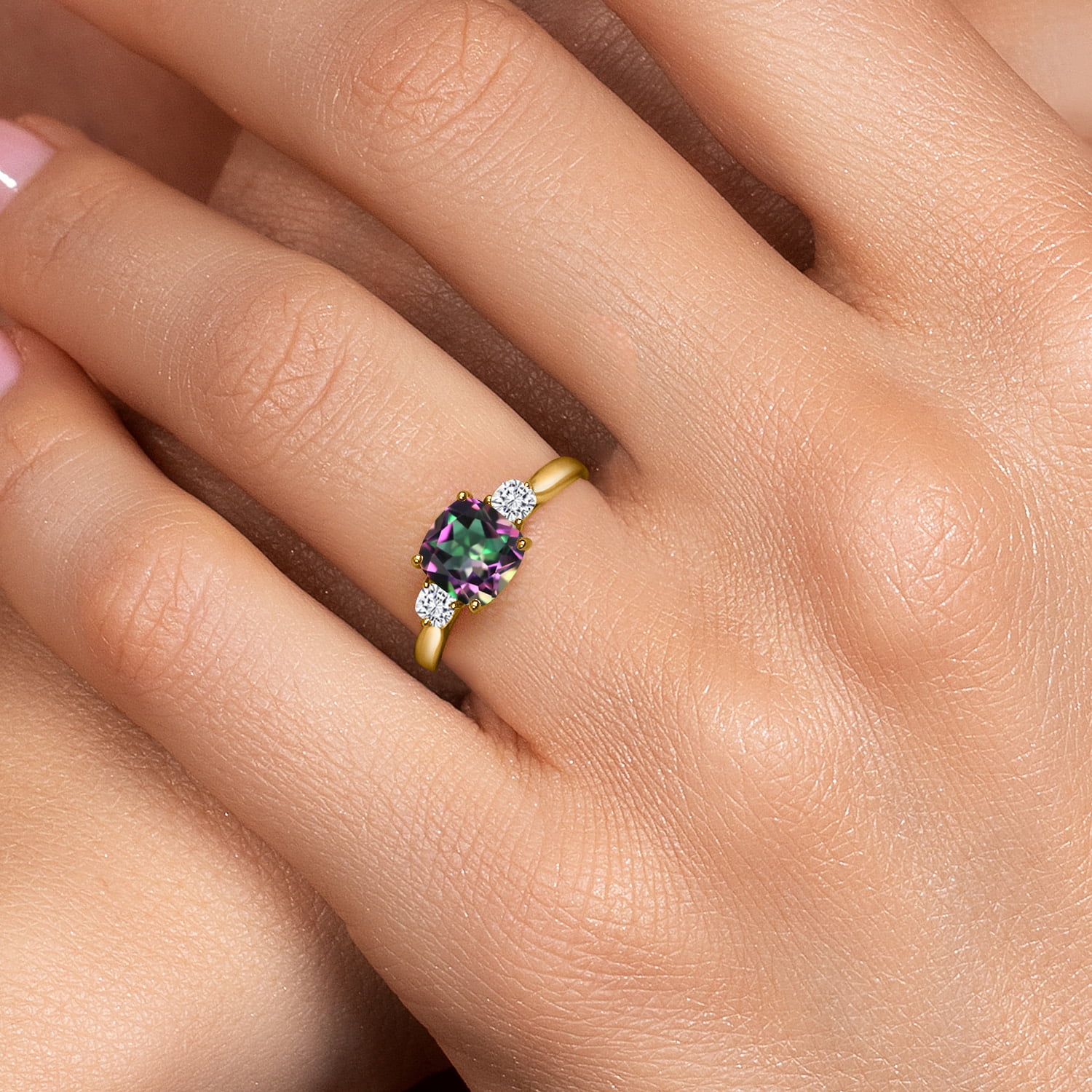 Gem Stone King 10K Yellow Gold Green Mystic Topaz and White Moissanite 3-Stone Engagement Ring for Women | 2.26 Cttw | Cushion 7MM | Gemstone November Birthstone | Available in Size 5, 6, 7, 8, 9
