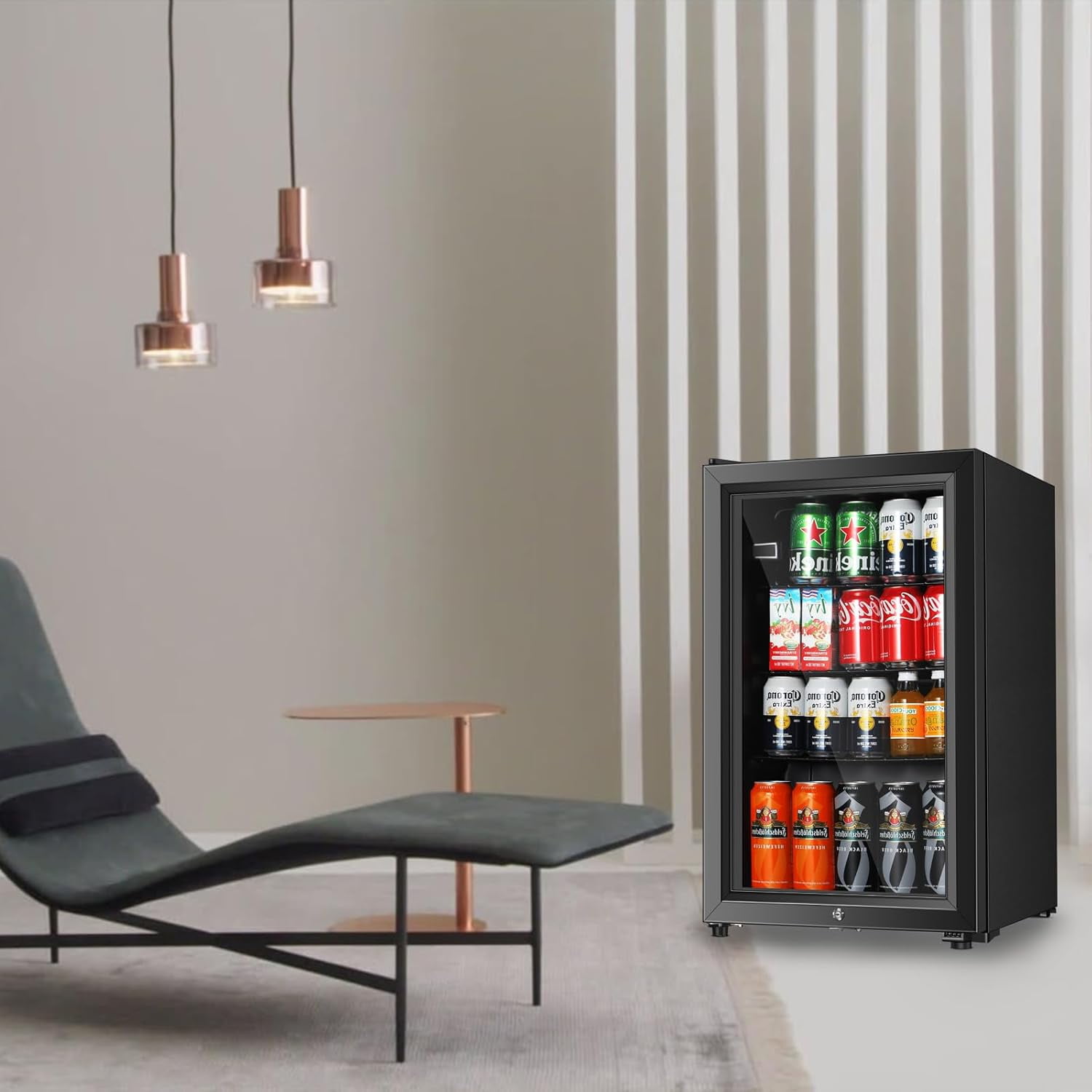 HUMSURE 80 Can Freestanding Beverage Refrigerator, 2.3 cu.ft Drink Fridge with Glass Door, LED Light