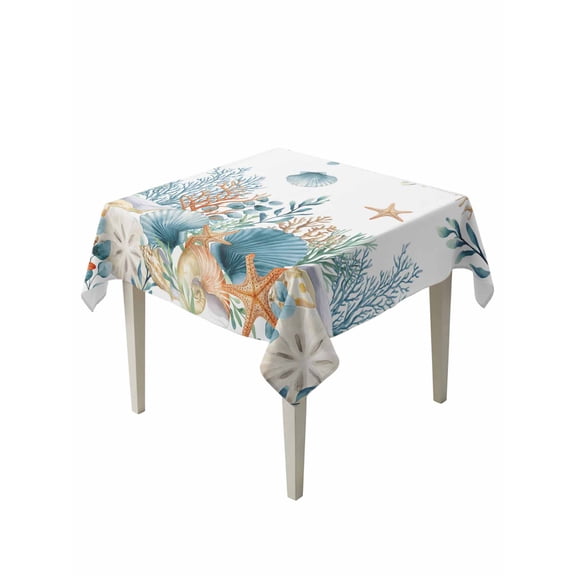 Teal Blue Coastal Table Cloth, Waterproof Tablecloth for Square Tables, Summer Beach Starfish Shell Coral Nautical Reusable Washable Fabric Table Cover for Restaurant Kitchen Dining Tables 60"x60"
