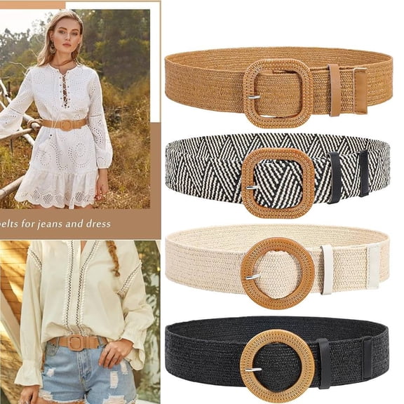 4 Pack Straw Woven Belt for Women Girls, Elastic Stretch Wide Waist Belt Fashion Boho Skinny Dresses Belt with Buckle
