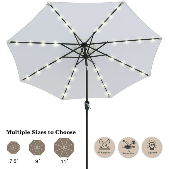 ABCCANOPY 9ft Patio Solar Umbrella LED Outdoor Umbrella with Tilt and Crank, Light Gray
