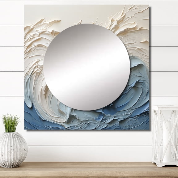 Designart "Papercut-Style Waves In White And Blue" coastal waves White Large Square Mirror - Square Bedroom Mirror Printed Wall Decor - Coastal Square Printed Wall Mirror Art