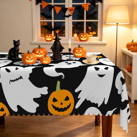 Duangreer Halloween Rectangle Tablecloth, Orange Pumpkin White Ghost Print, Waterproof Wrinkle Resistant Table Cover for Party Picnic Indoor Outdoor Decor, 60 x 84 Inch