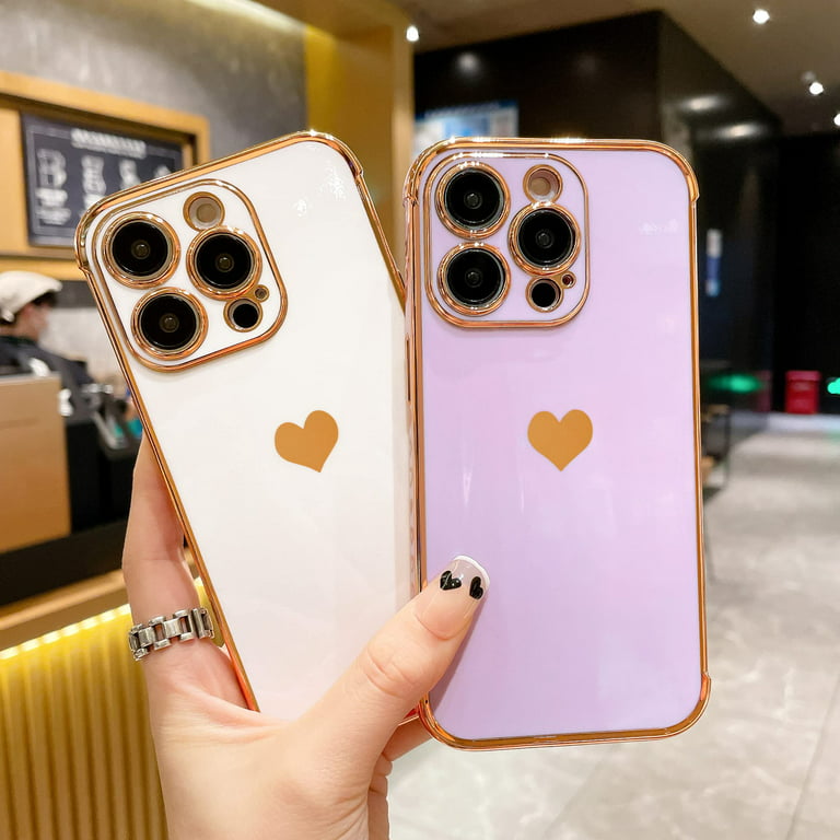 Petitian for iPhone 14 Pro Max Square Case with Loopy Stand/Strap, Luxury  Cute Women Girls Heart Electroplated Designer Squared Edge Phone Cases for