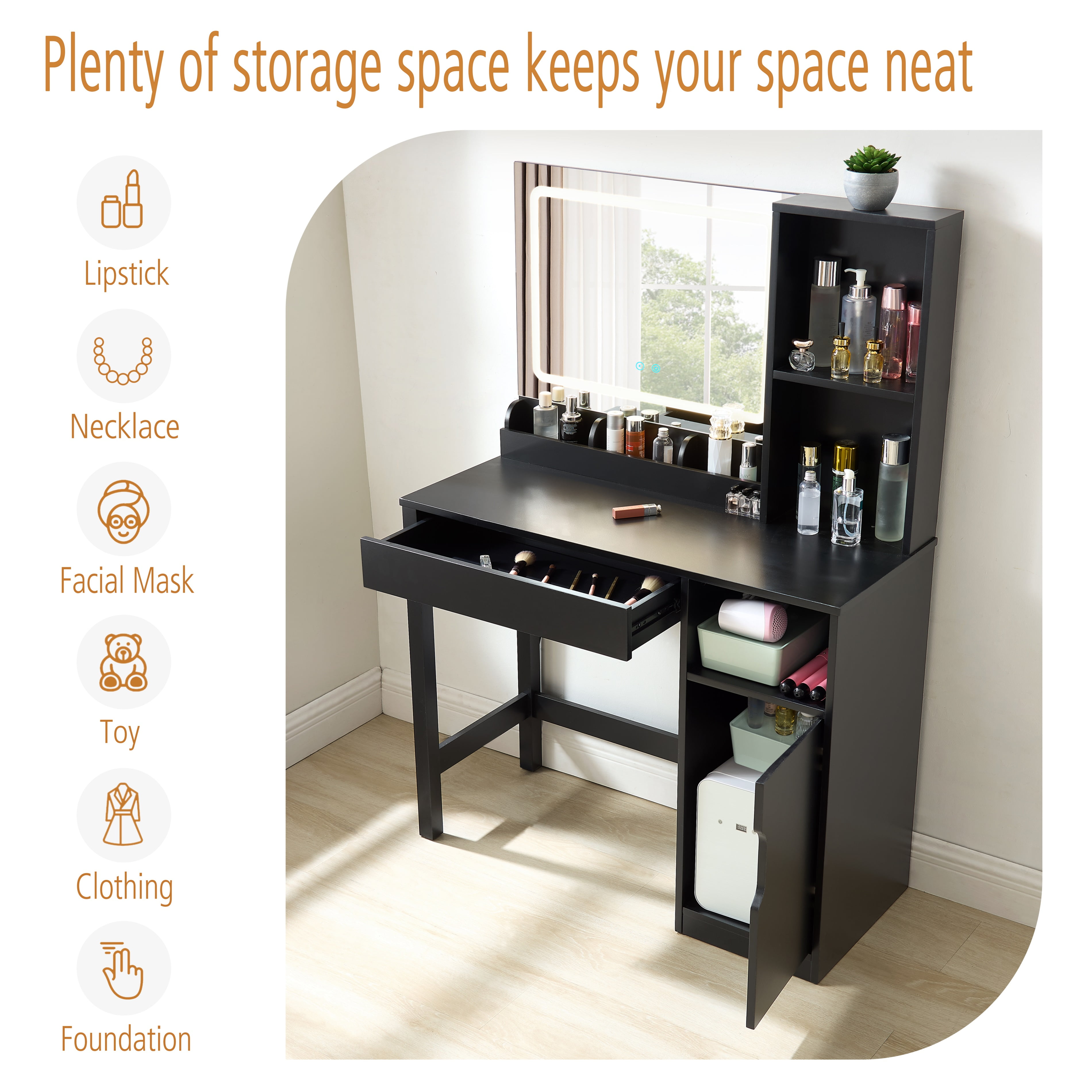 Mainstays Get Ready with Me GRWM Right Vanity Table with Lighted Mirror and Storage, Black Finish