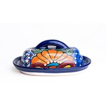 MEXTEQUIL Ceramic Talavera Butter Dish, Hand Painted Blue, 1/4 Pound