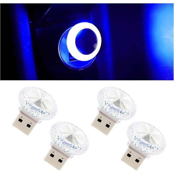 Chasenew 4PCS USB LED Car Interior Atmosphere Lamp, Portable Mini Car LED Night Light Decoration, Plug-in USB Automotive Ambient Lighting Kit, Universal for Cars SUVs Trucks RVs (Blue)