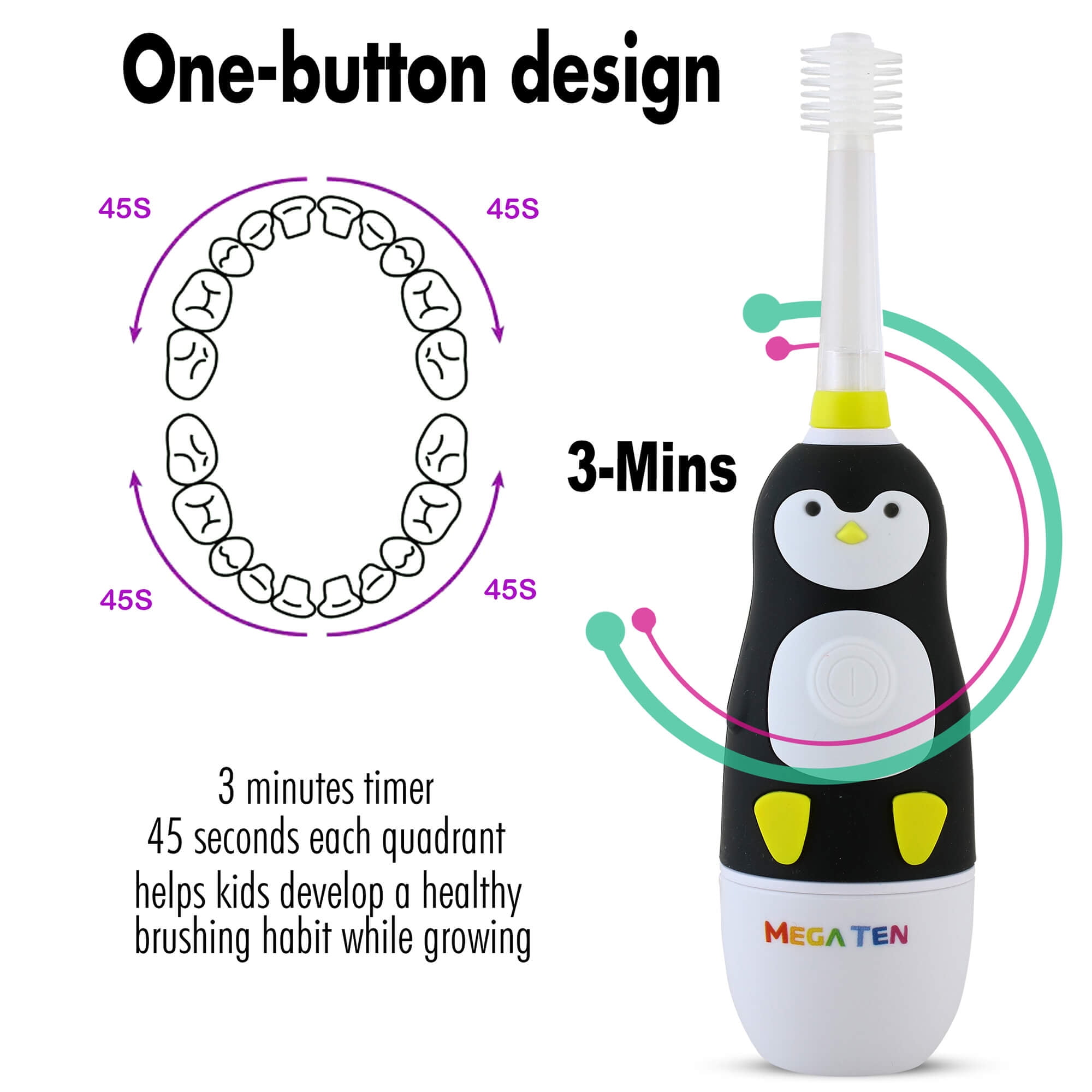 Brilliant Kids Electric Battery Round Toothbrush with Sonic Technology, Penguin
