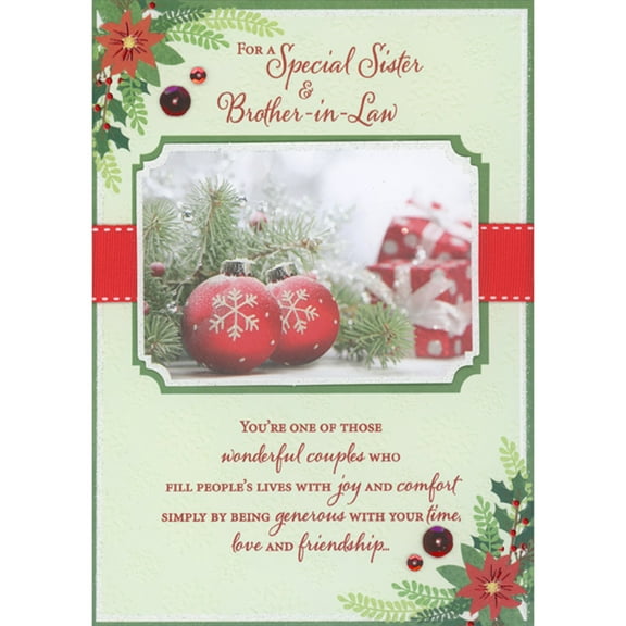Designer Greetings Red Ornaments with Sparkling White Snowflakes on 3D Die Cut Rectangular Banner Hand Decorated Christmas Card for Sister and Brother-in-Law