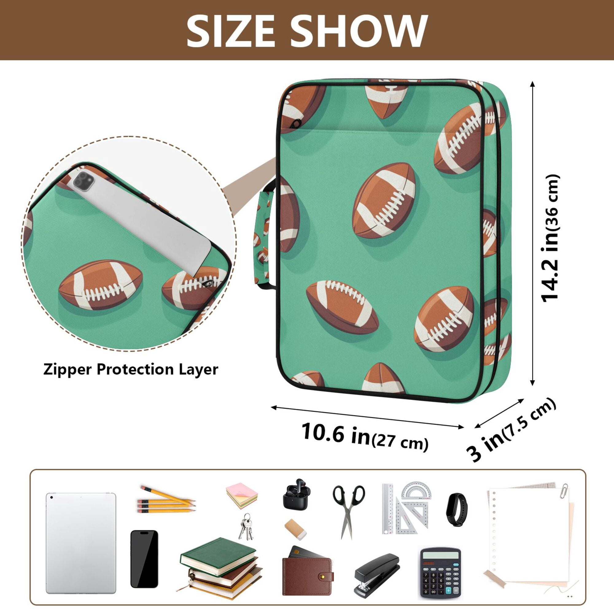 FORMRS Accordion File Folder A4 Size 7-Pocket Expanding Document Organizer Bag with 3 Ring Binder, Green American Footballs