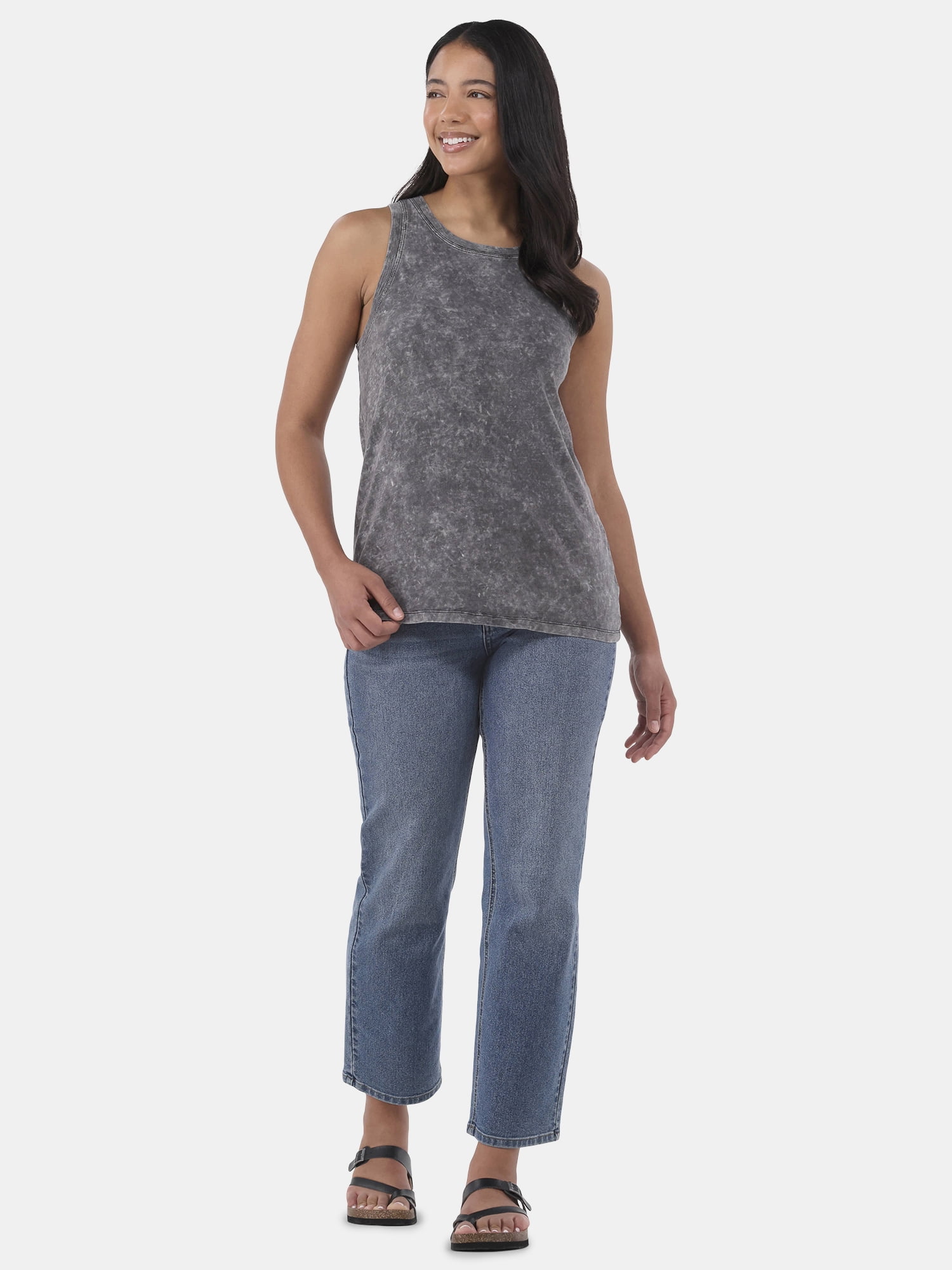 Time and Tru Women's Mineral Washed Cotton Tank Top with High Neck, Sizes XS-XXXL