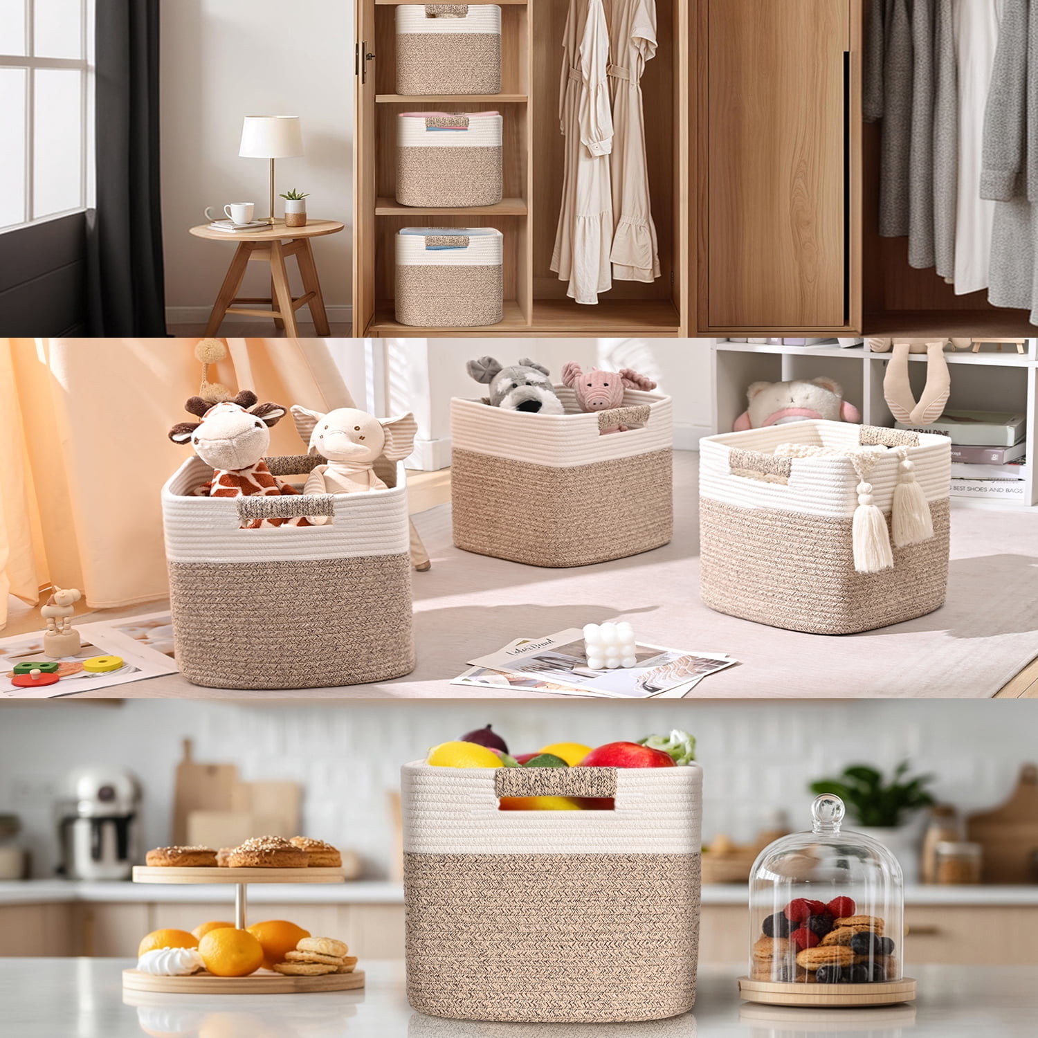 Natubeau 3 Pack Woven Storage Basket for Shelves, Cube Storage Bins, Cotton Rope Woven Baskets for Organizing, 11 Inch, White & Jute