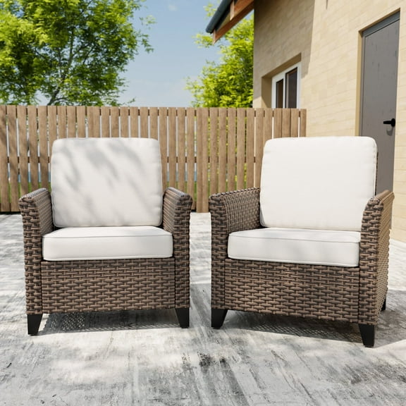 COOS BAY Harbor Retreat Mix Brown Rattan Wicker Outdoor Patio Dining Chairs with Curved Armrest, Beige Cushions, Set of 2