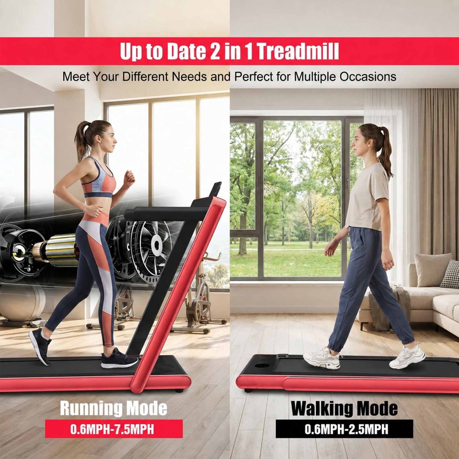 Airfind 2.25 HP 2-in-1 Walk-to-Run Folding Treadmill with App Sync and Audio Console Walking Treadmill for Home Supports 265 lbs, Red