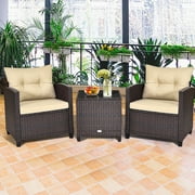 Lot de 3 mobiliers en rotin pour patio extérieur avec table basse, chaise avec coussin de la marque Gymax