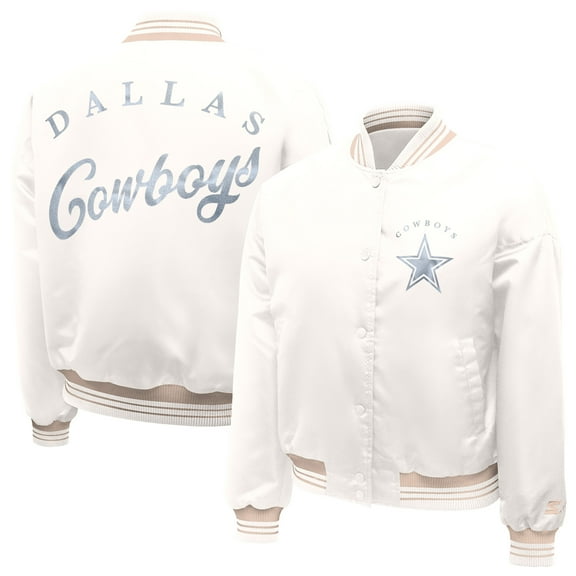 Women's Starter Cream Dallas Cowboys Fashion Script Satin Full-Snap Varsity Jacket