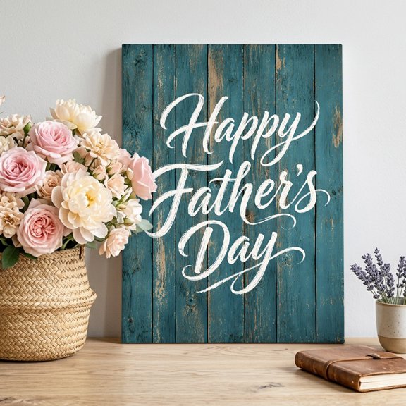 Happy Father's Day Canvas Wall Art for Living Room, Country Vintage Farmhouse Teal Wood Grain Poster Print Painting for Bedroom Office Home Decoration Wall Pictures Prepare To Hang 24"x32"