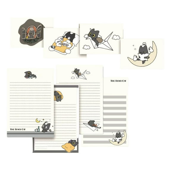 Yokua 1 Set Little Black Cats Writing Paper Stationery Paper and Envelopes Set
