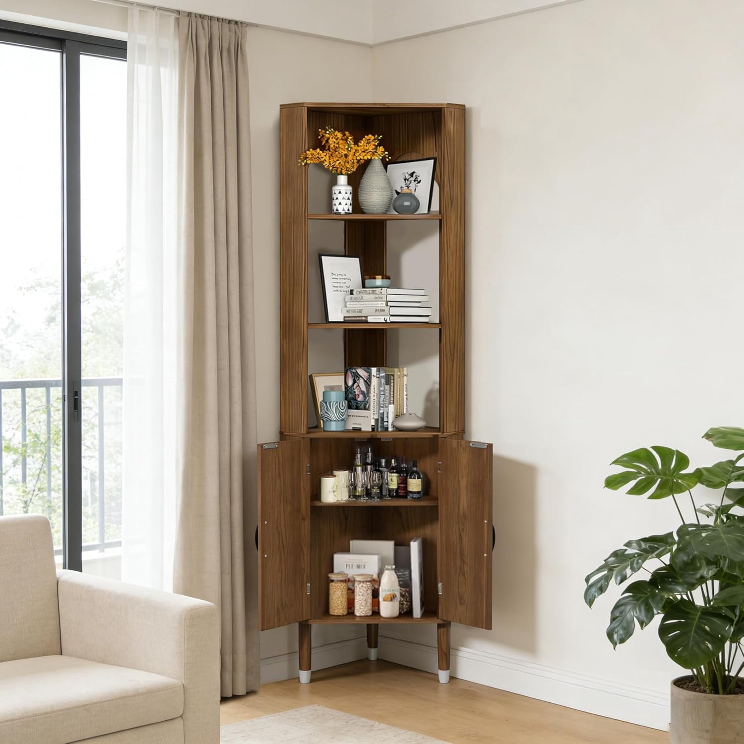 72.3'' Tall Corner Cabinet with Doors & Shelves for Living Room, Bathroom, Kitchen, Walnut