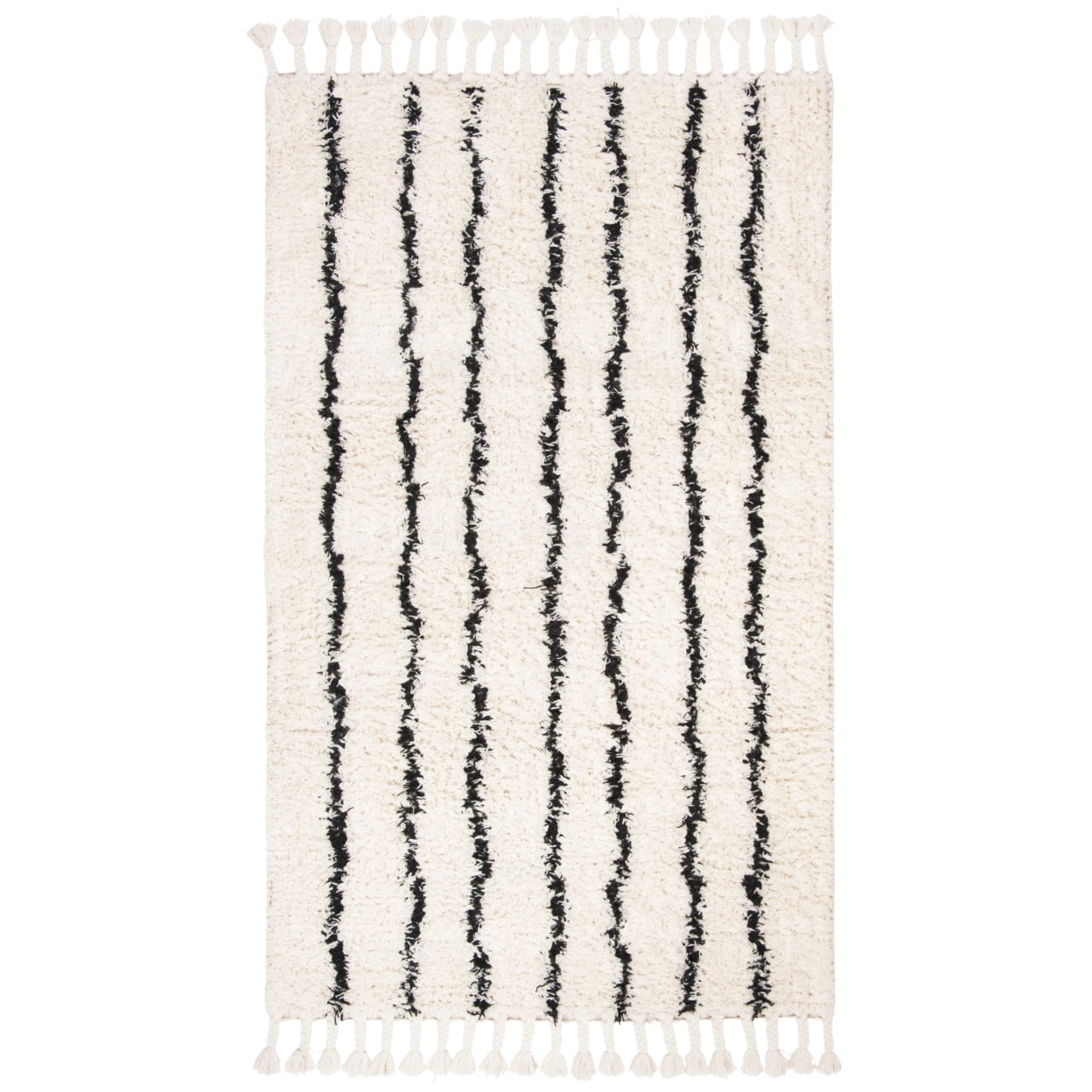 SAFAVIEH Casablanca Winifred Striped Wool Shag Area Rug, Black/Ivory, 4' x 6'