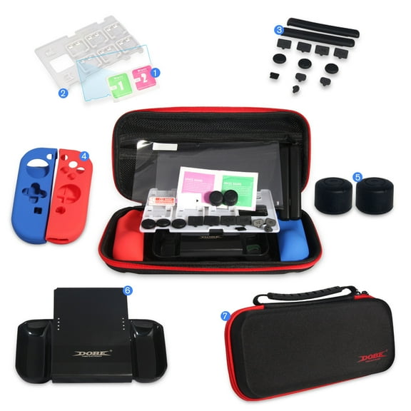 7-in-1 Accessories Bundle for Nintendo Switch & Switch OLED - Carrying Case, Screen Protector, Joy-Con Grips, Charging Dock, Game Card Case & More