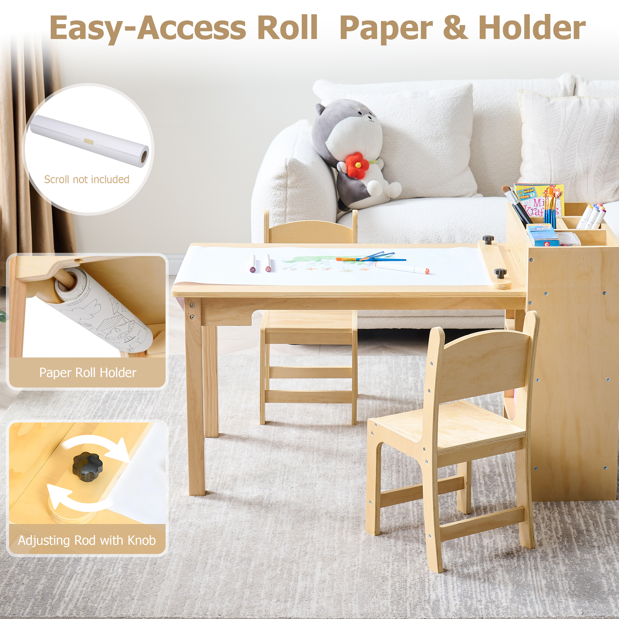 Kids Art Table and 2 Chairs Set, Solid Pine Wood Toddler Activity Craft Desk with Storage for Drawing, Writing, Reading, Ideal for Nursery, Playrooms & Classroom