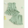 thumbnail image 3 of Loicainy Toddler Baby Girl Summer Clothes Set 6 12 18 24 Months 2T 3T 4T 5T Solid Color Bow Round Neck Tank Tops + Elastic Waist Ruffled Shorts 2 Pcs Outfits, 3 of 10