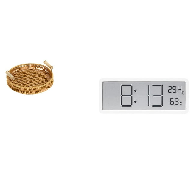 Elegante Juego De Cesta De Frutas De Escritorio Y Reloj Digital Multiusos Para Oficina En Casa Moderna Con Pantalla Grande Y Funciones De Temperatura Y Humedad.