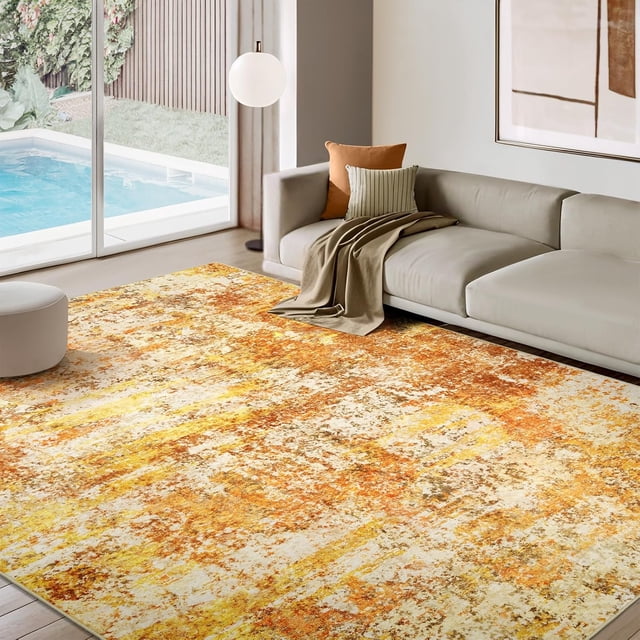 AUKOW Washable Area Rugs 8x10 - Abstract Living Room Rugs Modern Neutral Soft Rug Stain Resistant Non-Slip Low Pile Large Carpet for Bedroom Dining Room Nursery Home Office - Orange/Gold