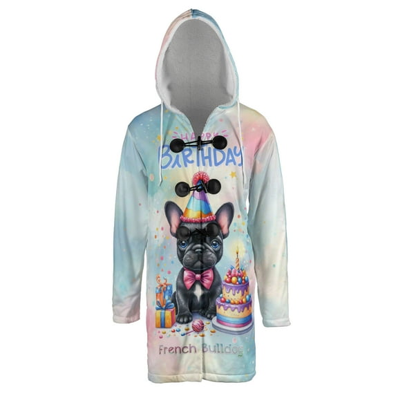 Happy Birthday Cute Puppy French Bulldog with Cake Gifts Party Hat All Over Print 3D Hooded Duffle Toggle Coat Dog Lover Gifts - 00029
