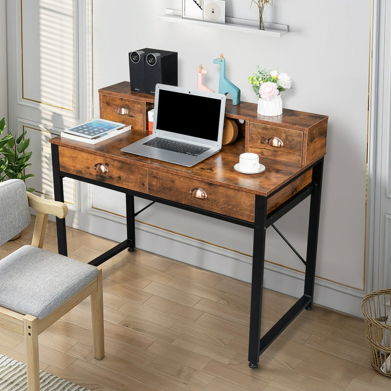 Small Computer Desk Home Office Desk with 4 Drawers and Hutch Writing Study Desk for Small Spaces Bedroom Rustic Brown