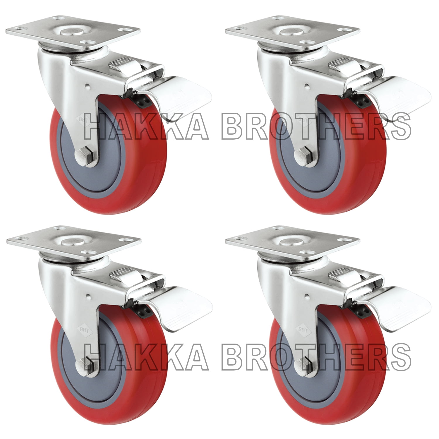 Set of 4 Swivel Plate Casters with 4/" Polyurethane Wheels /& 2 with Brakes Base
