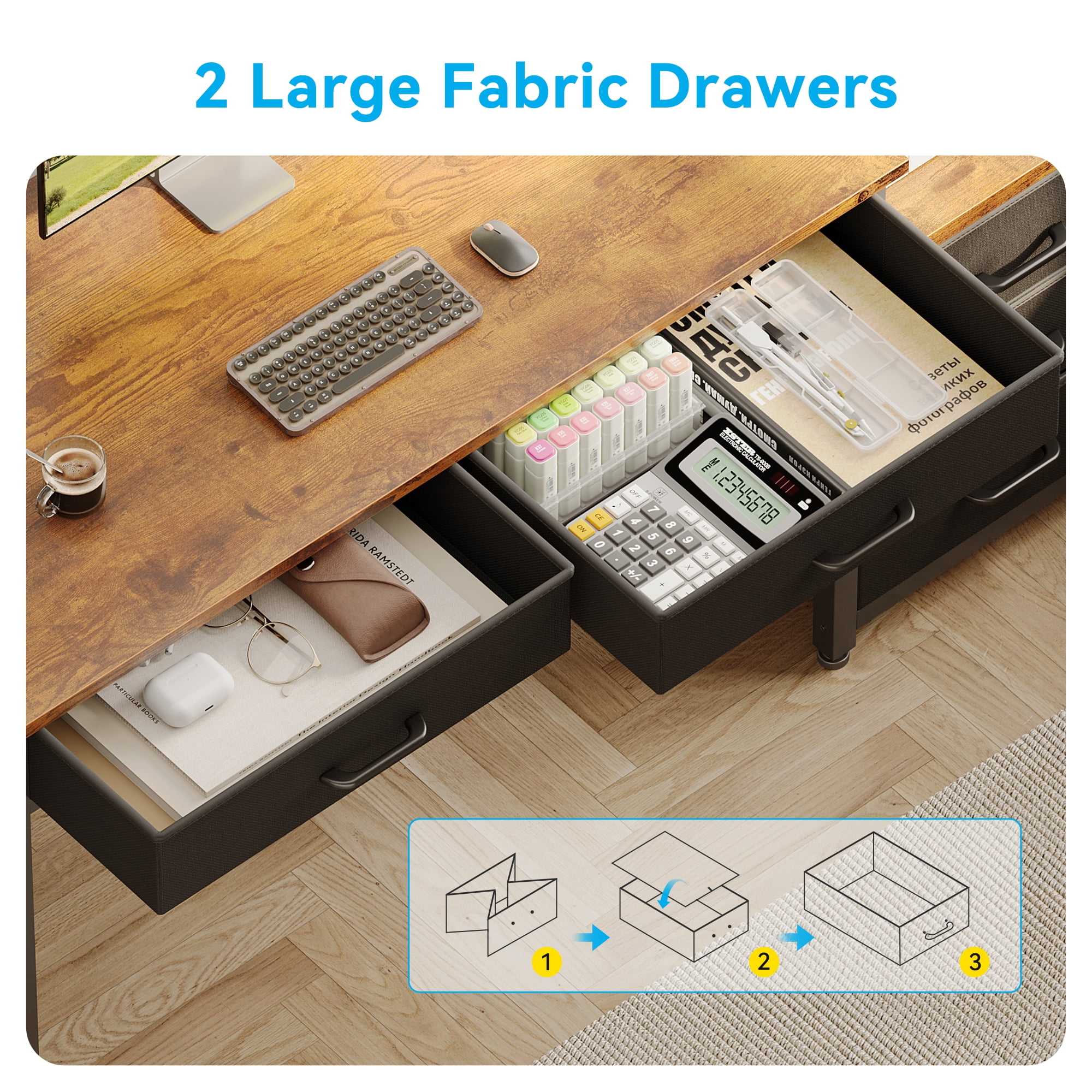 Casacomoda Computer Desk with 5 Drawers & Printer Stand, Reversible Storage Desk for Home Office, 53 Inch Writing Desk with Headphone Hook, Vintage