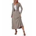 thumbnail image 3 of Women'S Knit Cardigan and Stretchy Waist Skirt Two Piece Set, Ribbed Knitting Casual Outfit Khaki S, 3 of 8